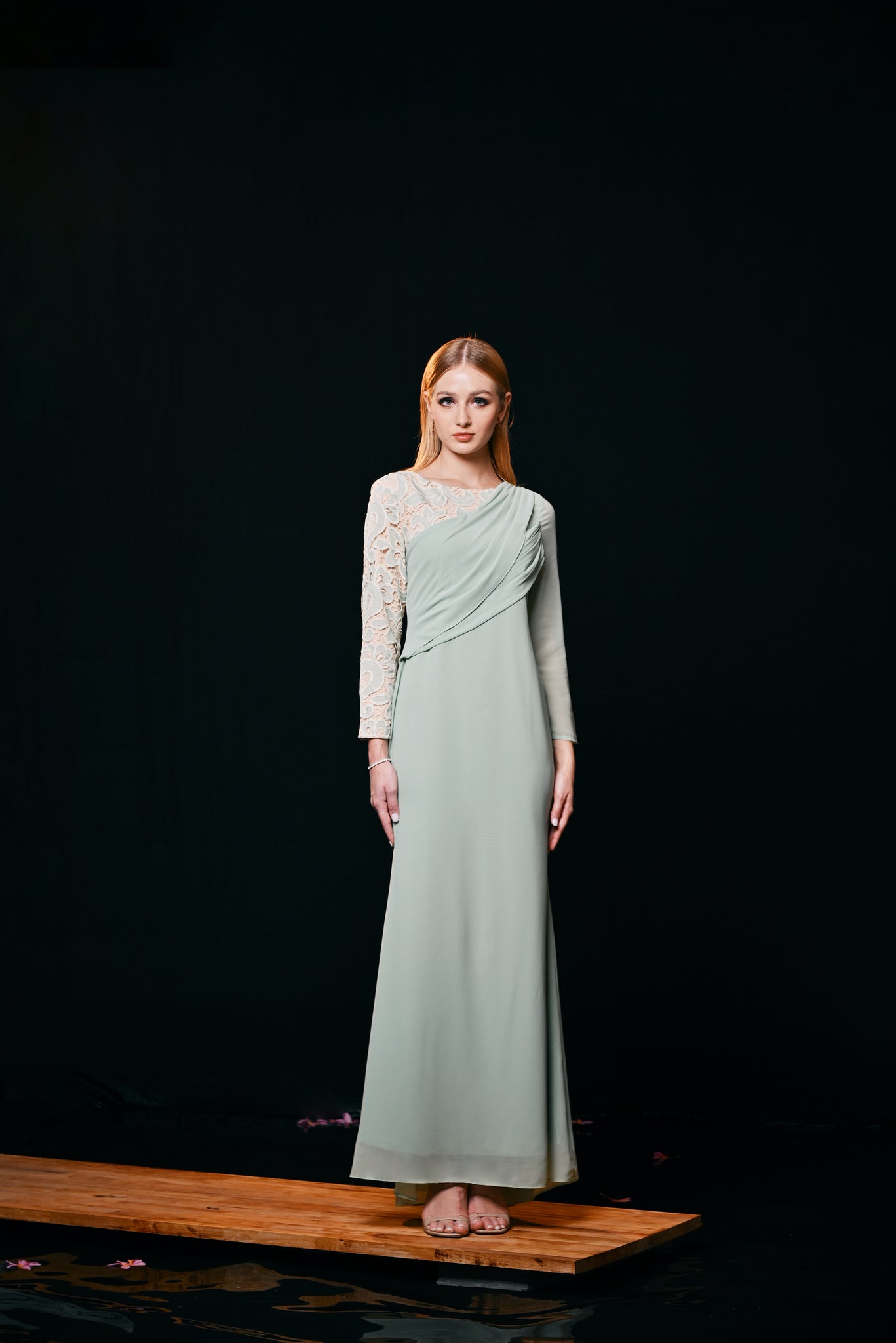 Kira draped chiffon and lace dress in glacial green