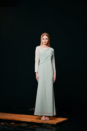 Kira draped chiffon and lace dress in glacial green