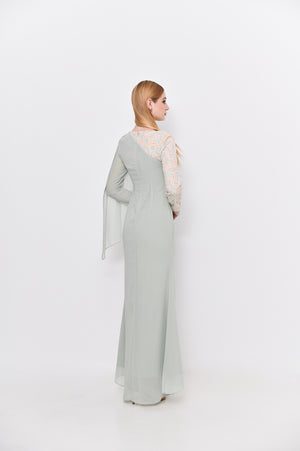 Kira draped chiffon and lace dress in glacial green