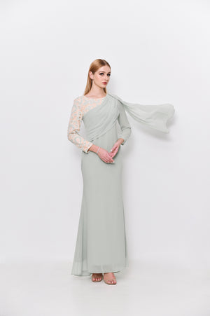 Kira draped chiffon and lace dress in glacial green