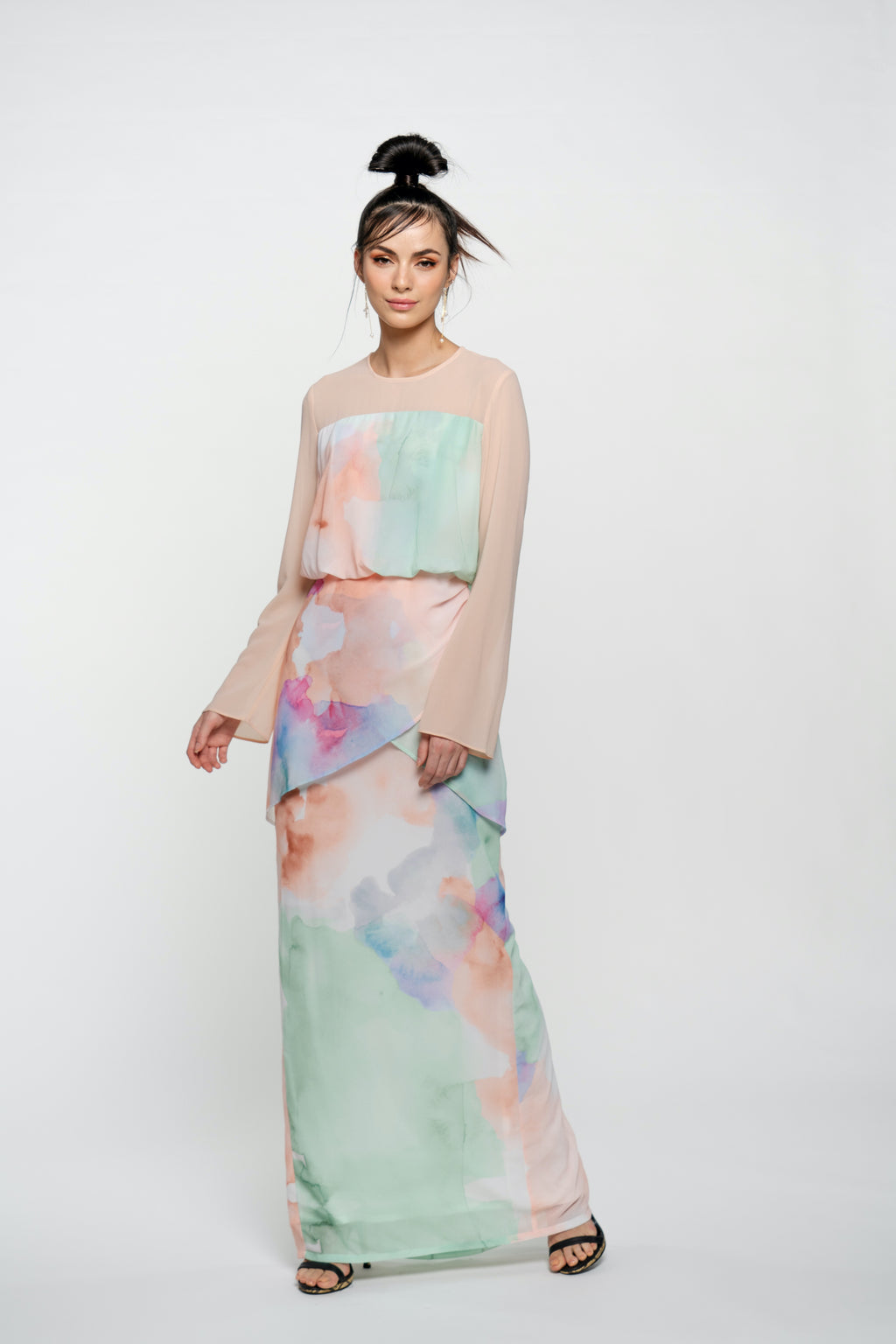 Hera Peach Watercolour Print Dress
